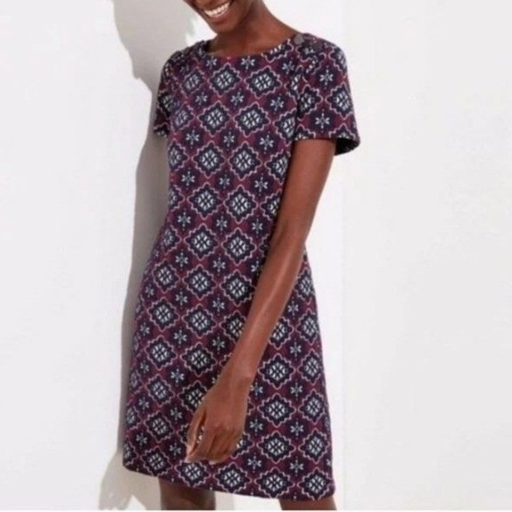 LOFT Women's 10 Gauze Textured Shift Dress Burgundy Short Sleeve